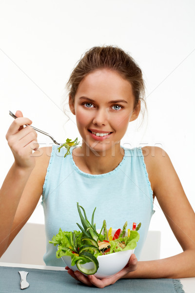 Stock foto: Essen · Salat · Porträt · ziemlich · junge · Mädchen · Gabel