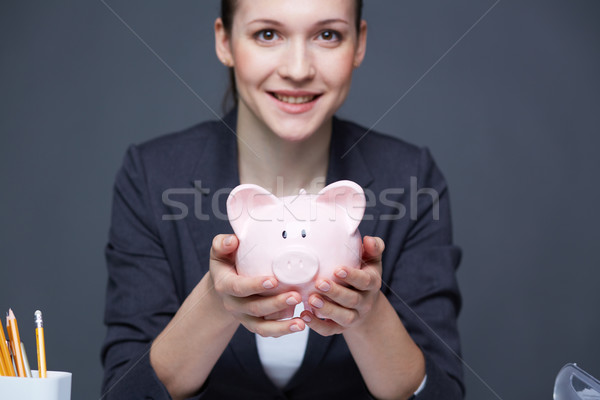 Foto stock: Alcancía · imagen · rosa · sonriendo · femenino