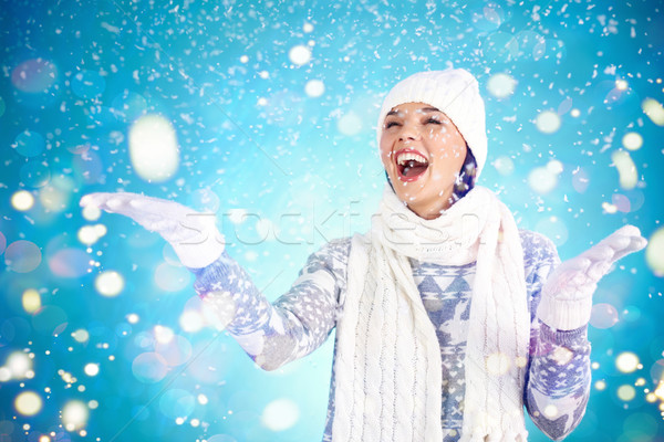 Stockfoto: Sneeuwval · blijde · meisje · genieten · vrouw · gelukkig