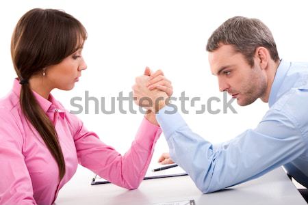 Rivaliteit man vrouw arm worstelen gebaar werken Stockfoto © pressmaster