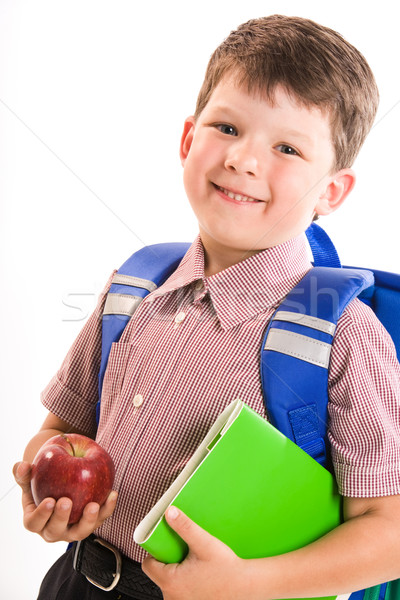Сток-фото: школы · портрет · улыбаясь · мальчика · яблоко · книга
