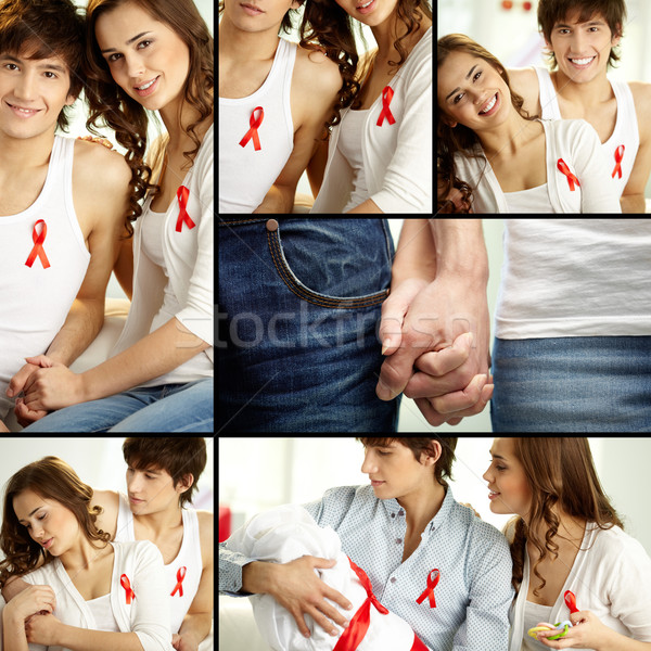 Stock fotó: AIDS · kampány · kollázs · fiatal · pér · visel · piros
