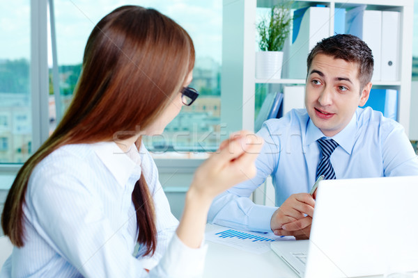 [[stock_photo]]: Réunion · image · deux · travailleurs · discussion