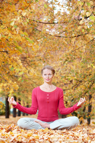 Foto stock: Meditando · otono · retrato · aire · libre · mujer