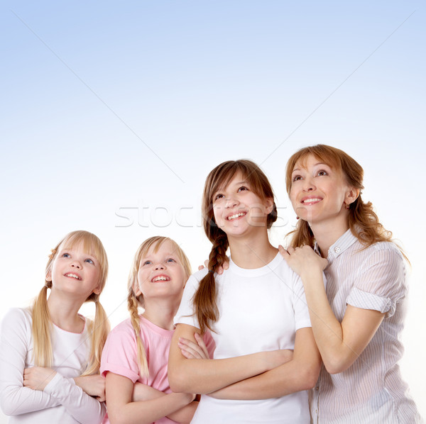 Stock foto: Glückliche · Familie · jungen · Familie · vier · schauen · Frau