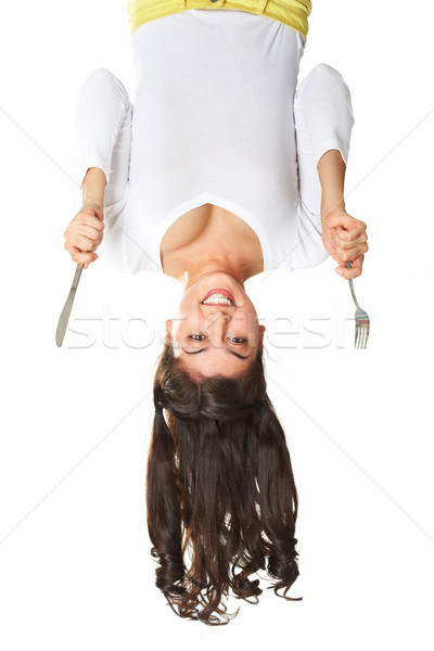 Prêt manger excité jeune femme fourche Photo stock © pressmaster