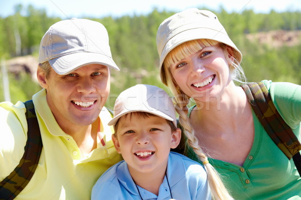 Foto stock: Feliz · retrato · família · feliz · olhando · câmera · família