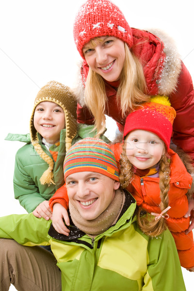 Foto stock: Alegre · família · família · feliz · inverno · roupa · olhando