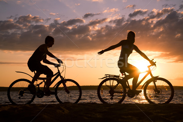 Foto stock: Verão · diversão · silhuetas · feliz · casal · equitação