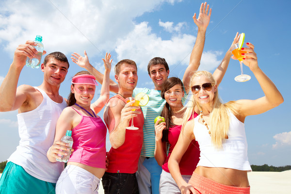 Foto stock: Fiesta · playa · seis · amigos · baile · cócteles