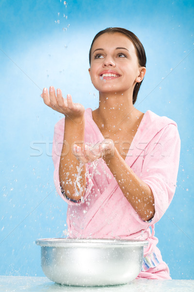 Pozitivitás portré boldog női rózsaszín fürdőköpeny Stock fotó © pressmaster