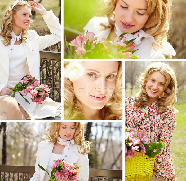 Foto stock: Mujer · bonita · collage · jóvenes · alegre · mujer · flores