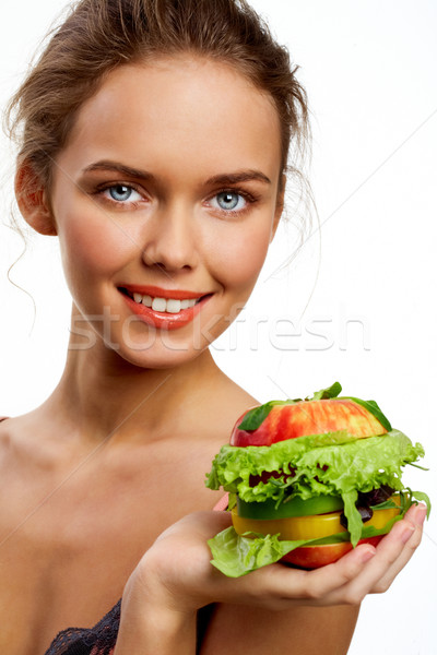 Zdjęcia stock: Dziewczyna · owoców · burger · portret · dość · młoda · dziewczyna