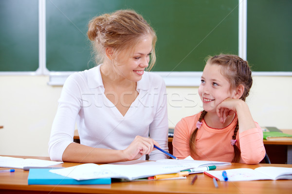 Foto stock: Dibujo · lección · retrato · nina · maestro · escuela