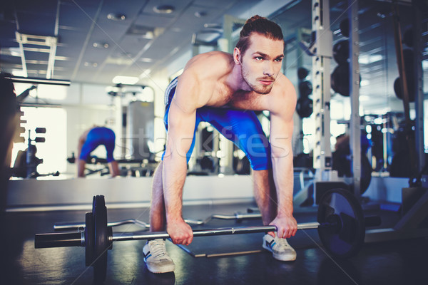 Foto stock: Levantador · de · pesas · gimnasio · retrato · deportivo · top-less · hombre