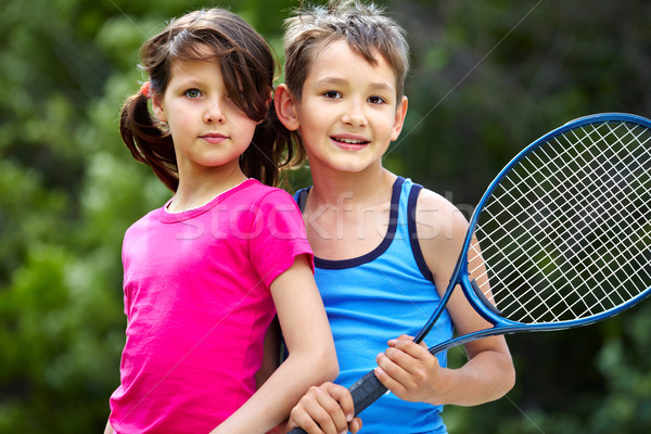 Stock foto: Paar · Porträt · kleines · Mädchen · Junge · Badminton · Schläger