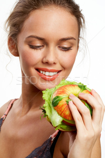 [[stock_photo]]: Déjeuner · portrait · joli · jeune · fille · regarder · légumes