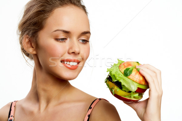 [[stock_photo]]: Faim · portrait · joli · jeune · fille · regarder · légumes