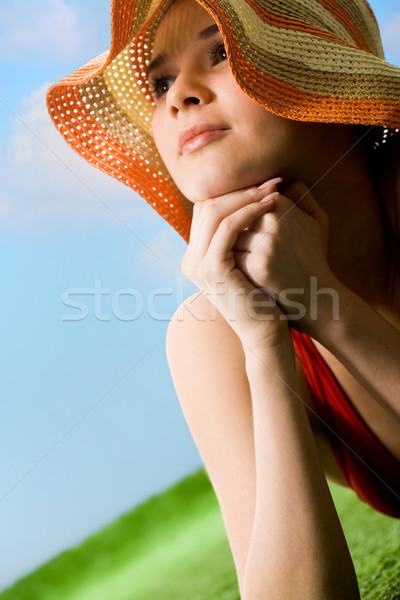Foto stock: Verano · placer · retrato · feliz · mujer · sombrero