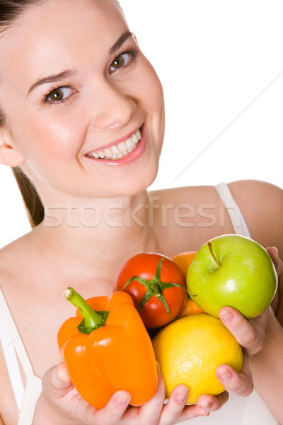 Boldog lány portré csinos lány különböző gyümölcsök Stock fotó © pressmaster