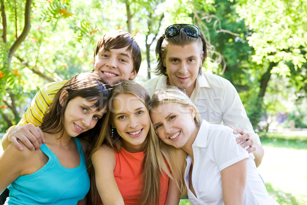 Foto stock: Grupo · amigos · foto · vários · feliz · olhando