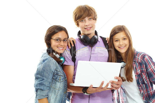 Stockfoto: Tieners · laptop · drie · tieners · naar · camera
