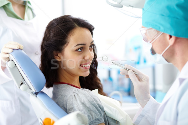 口 かなり 少女 座って 歯科 女性 ストックフォト © pressmaster