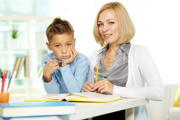 Stock foto: Lehrer · kid · Porträt · ziemlich · Tutor · fleißig