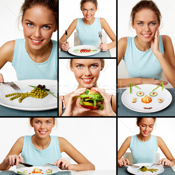 Foto stock: Jovem · vegetariano · colagem · bastante · jovem · vegetal