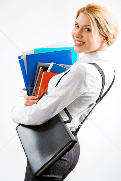 Foto stock: Sonriendo · secretario · retrato · mujer · de · negocios · carpetas