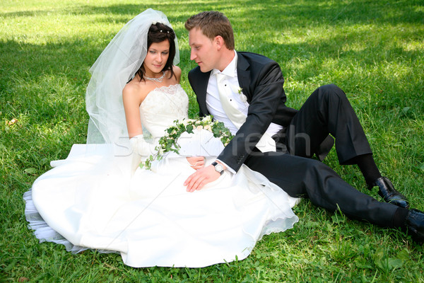 Cuplu iarbă portret fericit şedinţei căsătorie Imagine de stoc © pressmaster