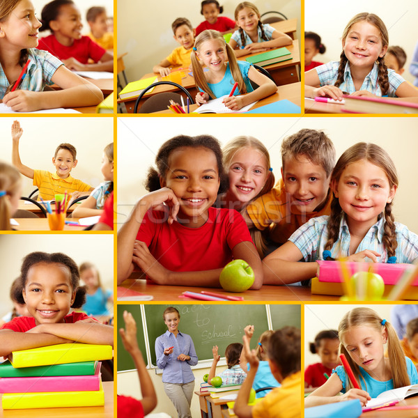 Stockfoto: School · collage · smart · schoolkinderen · meisje · gelukkig