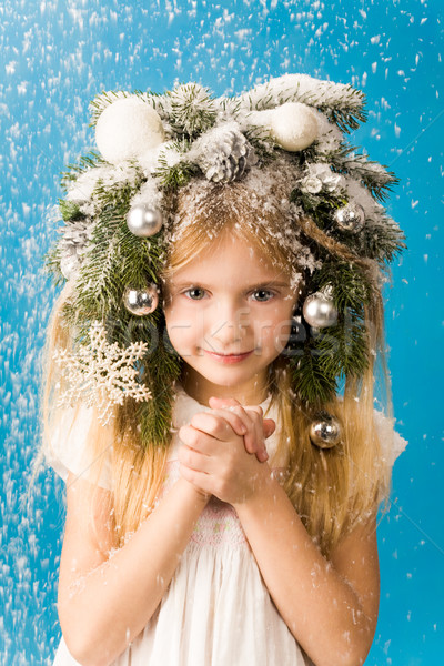 Kar yağışı portre Noel kız eller birlikte Stok fotoğraf © pressmaster