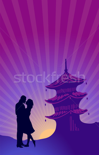 Nászút sziluett pár csók ázsiai építészet Stock fotó © pressmaster