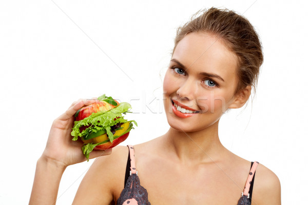 Stock foto: Gemüse · Mittagessen · Porträt · ziemlich · junge · Mädchen · burger