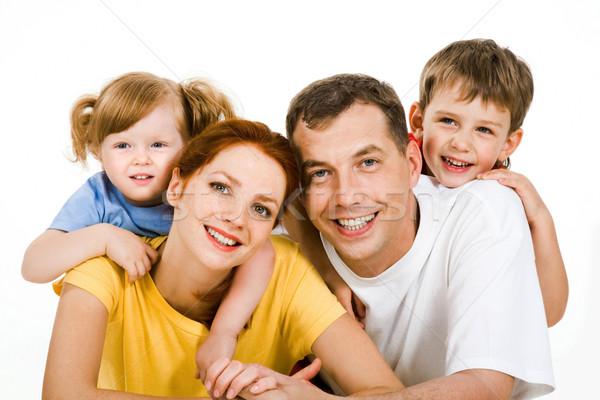 Foto stock: Família · feliz · retrato · casal · crianças · de · volta · família