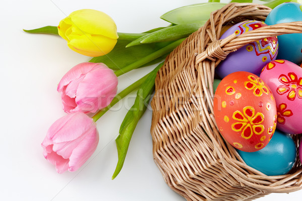 Frohe Ostern Tulpe Bouquet legen Ostereier Ostern Stock foto © pressmaster