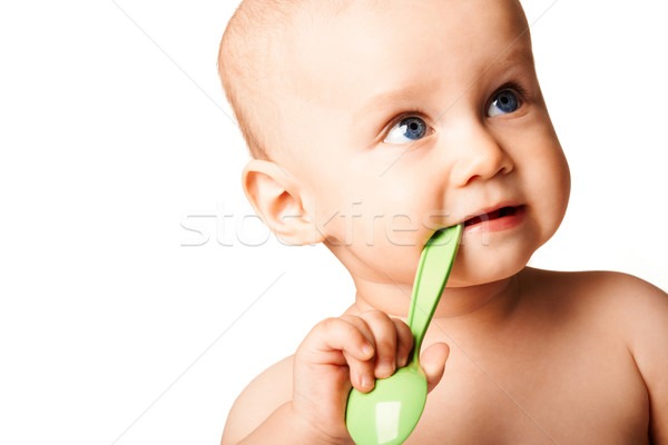 商業照片: 嬰兒 · 可愛的 · 勺子 · 口 · 看 · 面對