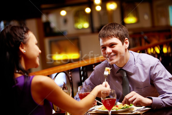 Szeretet nő fiúbarát étterem üveg asztal Stock fotó © pressmaster