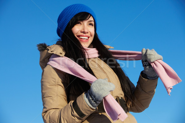 Foto stock: Menina · feliz · retrato · saudável · mulher · inverno · roupa