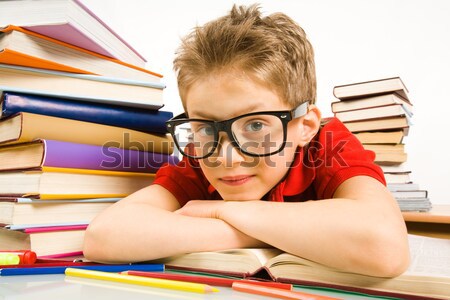 Stock fotó: Kiált · iskolás · fiú · szemüveg · sikít · nyitva · tankönyv