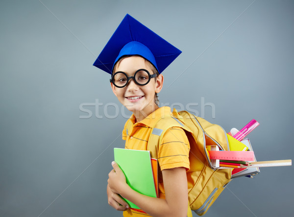 Stock fotó: Aranyos · iskolás · fiú · portré · boldog · iskolás · hátizsák