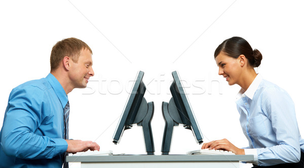 Kollégák kettő üzletemberek dolgozik számítógépek ül Stock fotó © pressmaster
