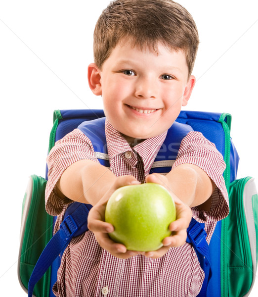 Сток-фото: Снова · в · школу · портрет · Cute · улыбаясь · школьник · зеленый