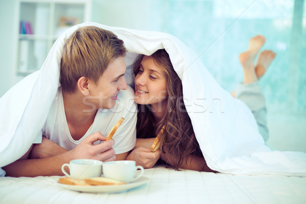 Stockfoto: Paar · genieten · een · ander · ontbijt