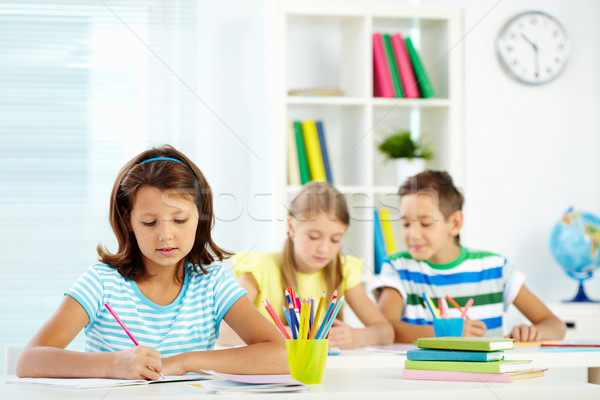 Stock foto: Mädchen · Zeichnung · Porträt · Arbeitsplatz · Studenten · Bleistift