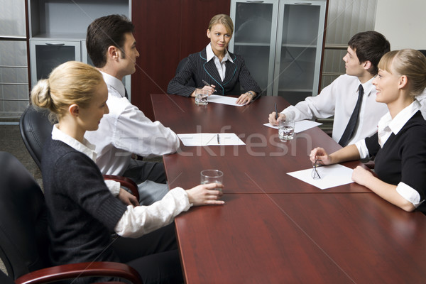 Stockfoto: Gecompliceerd · vraag · team · geslaagd · zakenlieden · vergadering