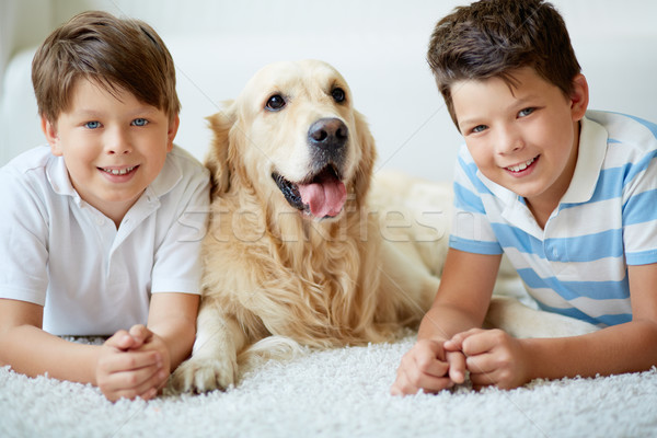 Stockfoto: Jongens · hond · portret · gelukkig · broers · en · zussen · huisdier