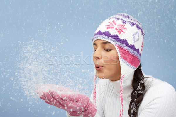 ストックフォト: 雪 · 楽しい · 画像 · きれいな女性 · ピンク · 手袋