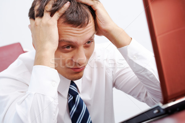 [[stock_photo]]: Difficile · tâche · portrait · puce · affaires · pense